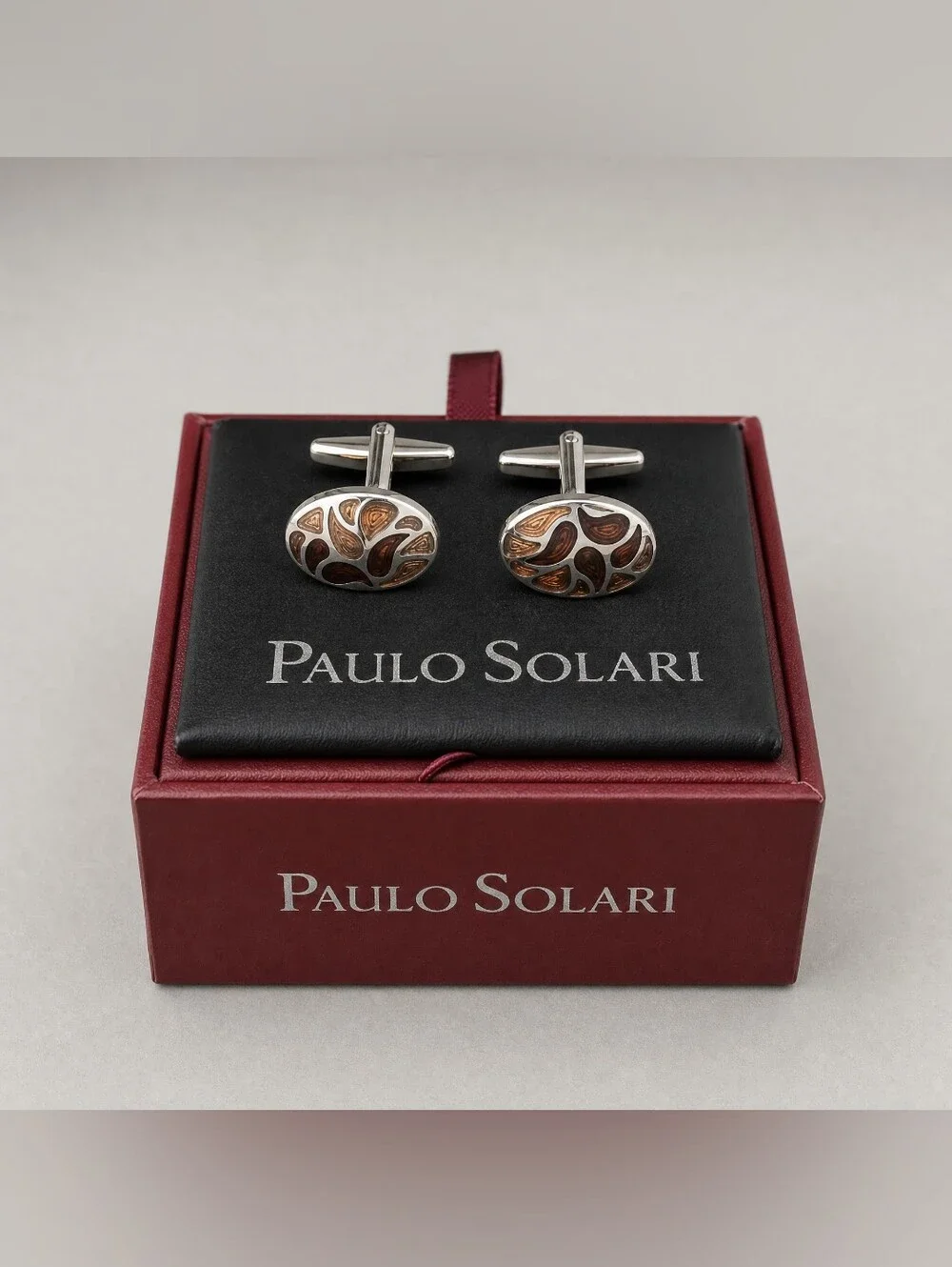 Paulo Solari Brown Swirl Paisley Oval Silver Tone Cufflinks